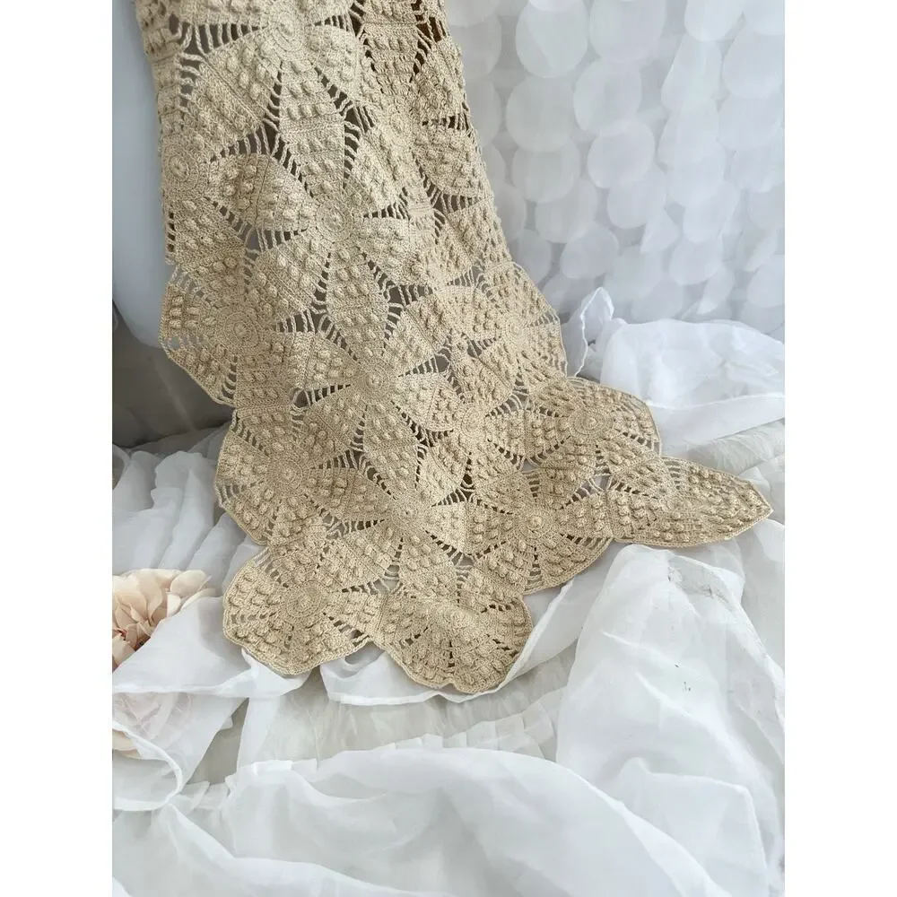 Vintage 60S Beige 100% Cotton HAND CROCHET LACE Pashima Wrap Bride Boho